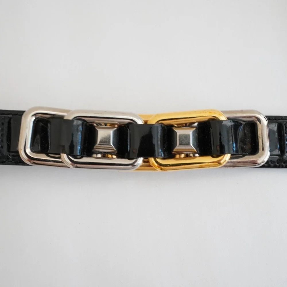 Miu Miu Patent Leather Chain Link Belt Womens S Black Statement Designer Thin